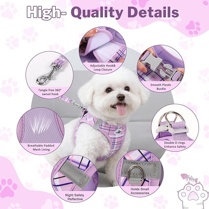 Gyuzh Dog Harness and Leash Set for Puppies - 3 Piece Step in No Pull Vest & Collar, Extra Small Kitten Harness, Breathable Reflective Plaid, Padded Leash (Purple, S)