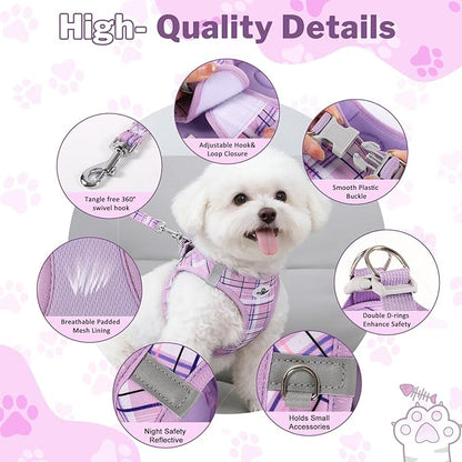 Gyuzh Dog Harness and Leash Set, 3-in-1 Step in No Pull Harness Vest Collar for Small Dogs & Cats, Lightweight Breathable Mesh Reflective Plaid with Padded Handle (Purple, L)