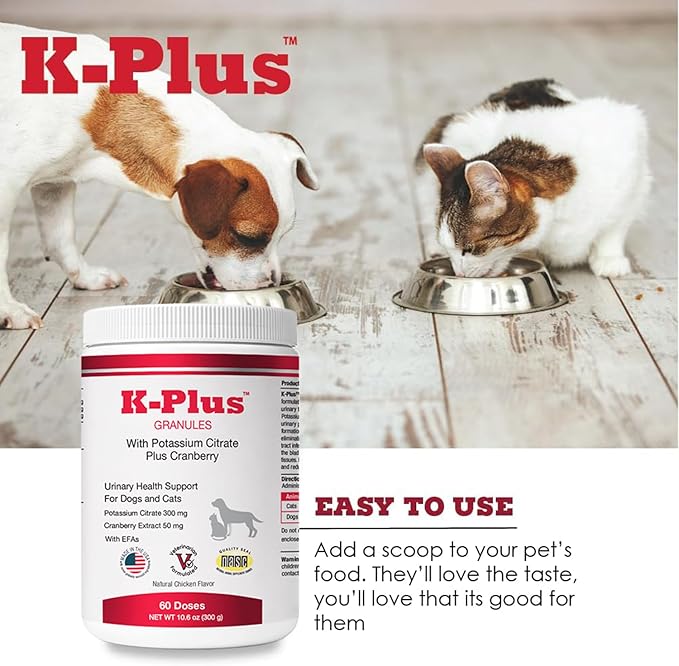 K-Plus Potassium Citrate + Cranberry Granules for Dogs & Cats – Vet-Approved UTI & Bladder Health Support – Helps Maintain Urinary Balance & Kidney Function – Easy-to-Use Granules – 60 Doses