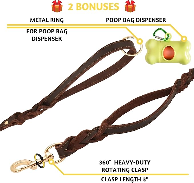 ADITYNA - Double Handle Leather Dog Leash 6ft - Heavy Duty Braided Dog Leash with Traffic Handle - Lead for Training and Walking Medium Large Breeds (Brown, Two Handles 6 Foot x 3/4")