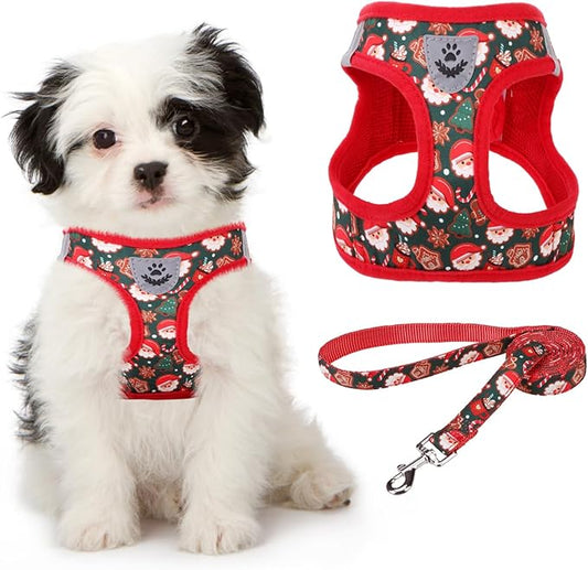 KOOLTAIL Christmas Dog Harness for Small Medium Dogs,Dog Harness and Leash Set, Step in No Pull Soft Mesh Padded Adjustable and Reflective Pet Vest Harness Puppy, Extra Harness for XS S Dogs, M