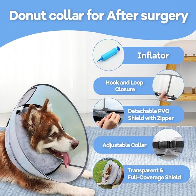 2-in-1 Upgraded Inflatable Dog Cone Collar with Detachable Anti-Licking Shield, Soft Adjustable Elizabethan Collar for Dogs After Surgery (M, Grey)