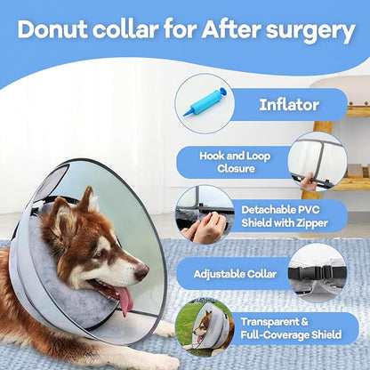 2-in-1 Upgraded Inflatable Dog Cone Collar with Detachable Anti-Licking Shield, Soft Adjustable Elizabethan Collar for Dogs After Surgery (M+, Grey)