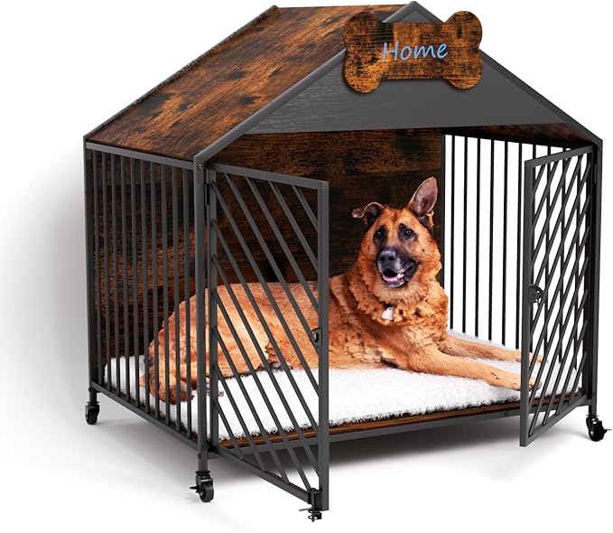 Heavy Duty Dog Crate Furniture for Large Breeds, 39.4" XXL Indoor Wooden Dog Kennel with Gable Roof, Escape Proof Double Door & Chew Proof Metal Cage for German Shepherd/Labrador, Rustic Brown