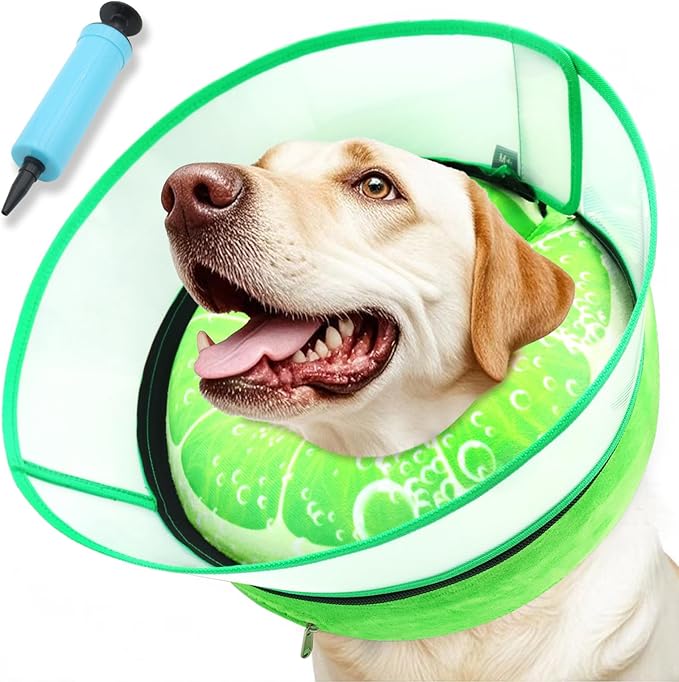 Upgraded Inflatable Dog Cone Collar with Transparent Anti-Licking Shield, Adjustable Elizabethan Collar for Medium Large Dogs, 2-in-1 Design with Detachable Shield and Soft Padding (M+, Lime)