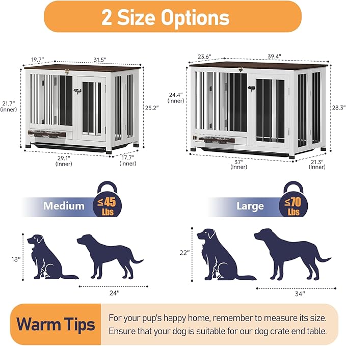 39.4" Dog Crate - Wooden Dog Cage Furniture with Removable Tray & 360° Rotating Feeder | Indoor Sturdy End Table for Medium & Large Dogs | Easy Assembly, White Dog Kennel for Living Room