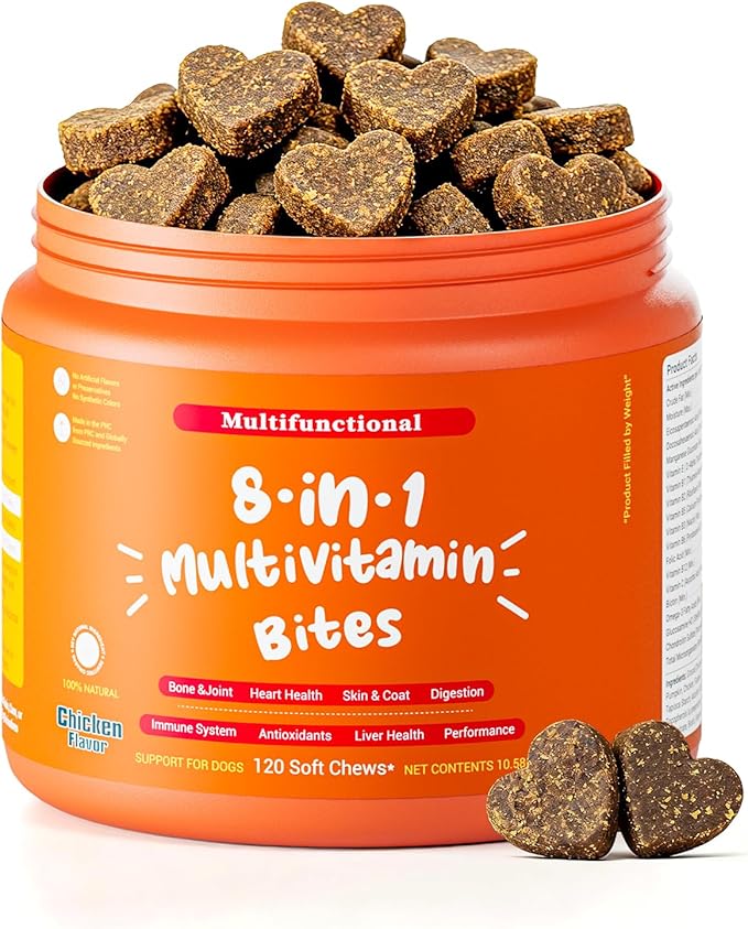 Multivitamin Treats for Dogs, Glucosamine Chondroitin Joint Support + Digestive Enzymes & Probiotics, Grain Free Dog Vitamins and Supplements for Skin & Coat, Peanut Butter - 120ct