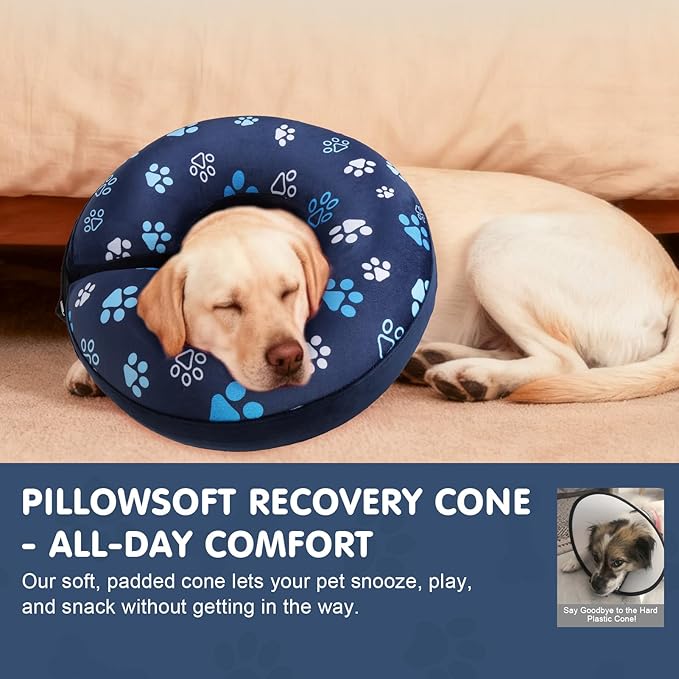 BEAUTYZOO Inflatable Dog Cone Collar, Recovery Dog Cone After Surgery, Adjustable Blow up Dogs Donut Collar, Pet Recovery Collar for Dogs,Navy Blue XL