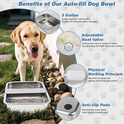 YUEPET 3 Gallon Auto Dog Water Bowl Dispenser Outside Automatic Water Dispenser for Large Dogs Stainless Steel Auto-Fill Dog Waterer Feeder with Float Valve for Pets Indoor Outdoor Use