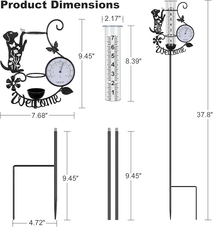 Rain Gauge Outdoor with Thermometer, 7" Capacity Detachable Rain Gauges Outdoors Best Rated with Stake, Cute Dog with Flowers & Butterflies Design Decorative for Garden Yard, Easy-Read Durable