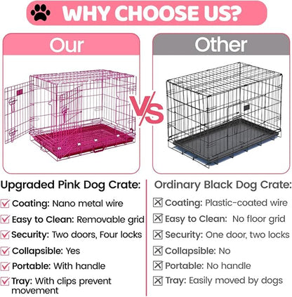 HOMEY PET 24 Inch Small Dog Crate, Cute Pink Puppy Cage Collapsible Dog Kennel Indoor, Nano-Coated Metal Wire Dog Crate with Removable Floor Grid Tray, Double Doors Dual Locks, Portable Handle