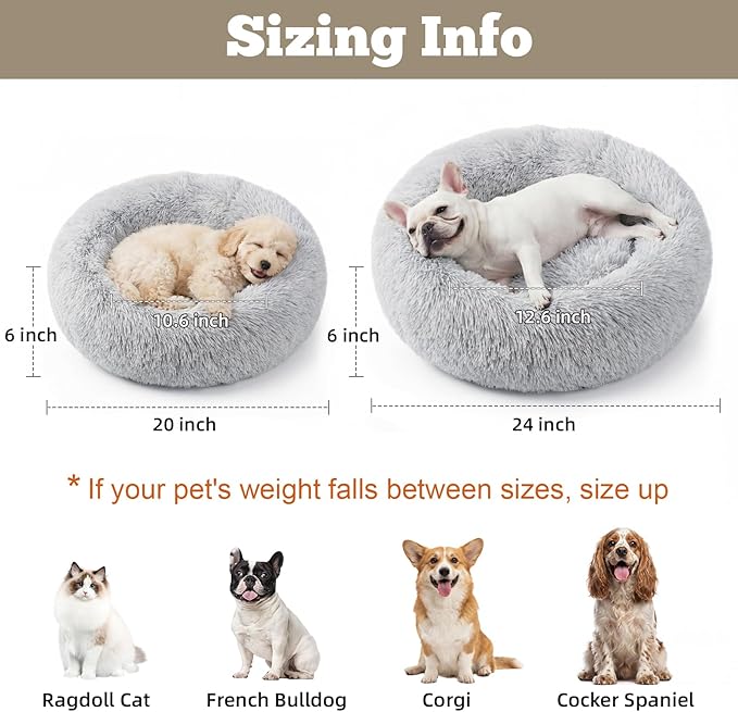 WROS Calming Dog Bed, 20" x 20" x 6" Fits Cat & Dog, Anti-Slip Round Washable Faux Fur for Doze Off, Napping Orthopedic, Grey