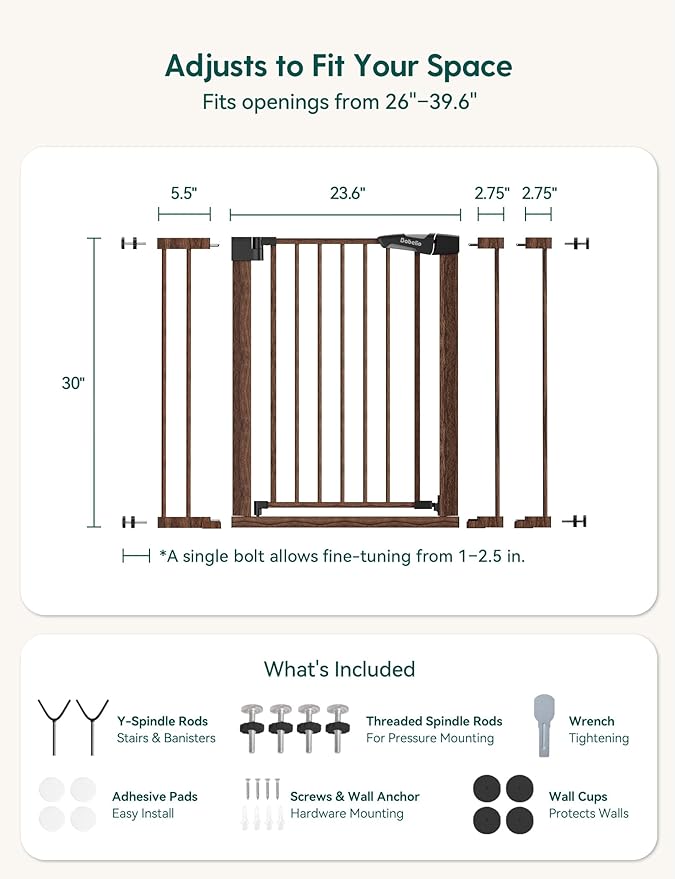 Mom's Choice Award Winner-Babelio 26-40" Metal Baby Gate with Black Wood Pattern, PressGuard C5 Easy Install Pressure Mounted Dog Gate for Stairs and Doorways, with Wall Protectors and Extension Kits