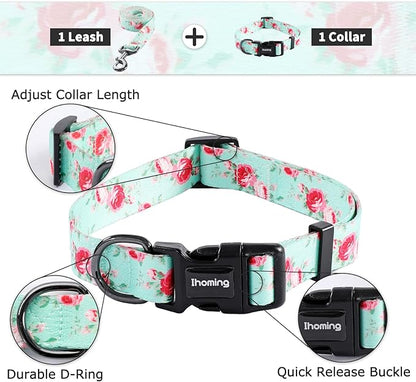 Ihoming Dog Collar and Leash Set for Daily Outdoor Walking Running Training, Floral Spring Design for Small Boys Girls Dogs Cats Pets, S-Up to 20LBS