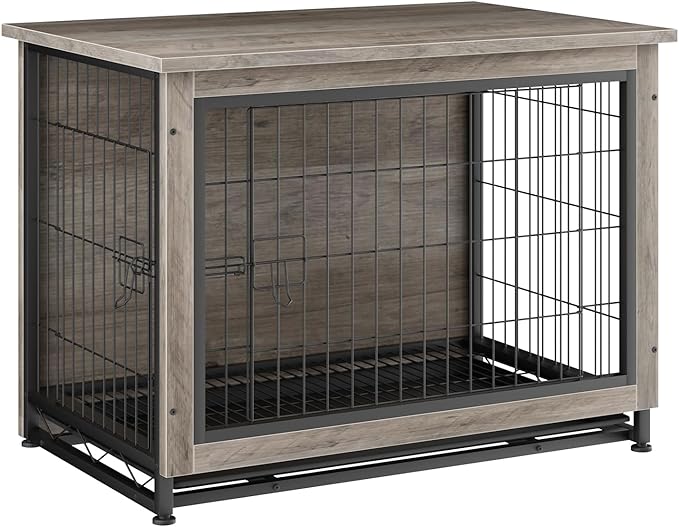 JY QAQA Wooden Crate Furniture, Double-Doors Indoor Kennel Table, Dog House, Cage/Grey/M