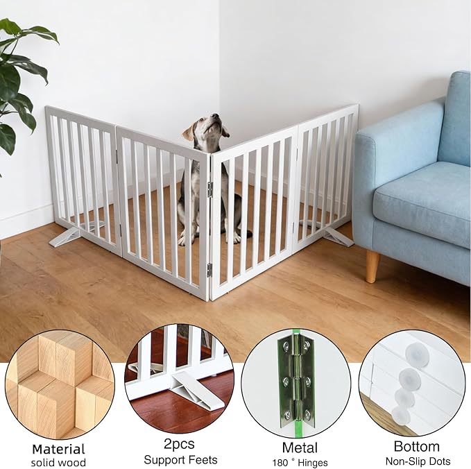 Dog Gate Indoor, Freestanding Dog Fence for The House, Doorways, Hallways,or Stairs,Pet Gate Foldable Wooden,Expandable 32" Height 4 Panels,White