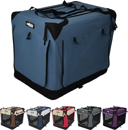 EliteField 4-Door Folding Soft Dog Crate with Curtains, Carrying Bag and Fleece Bed (2 Year Warranty), Indoor & Outdoor Pet Home (24" L x 18" W x 21" H, Blue Gray+4 Door Curtains)