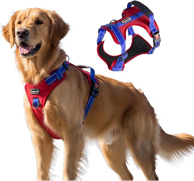 Tactical Dog Harness for Large Medium Dogs No Pull Adjustable Pet Vest with Reflective Straps Front & Back Clips Handle for Hiking Walking Hunting– 4 Sizes with or Without Leash (RED, XL)