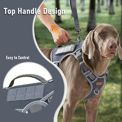 AUNZO Gray Tactical Dog Harness for Large Dog Breeds, No Pull Adjustable Pet Harness with Handle, Reflective K9 Military Service Dog Vest for Walking Hiking Training, Gray, XL