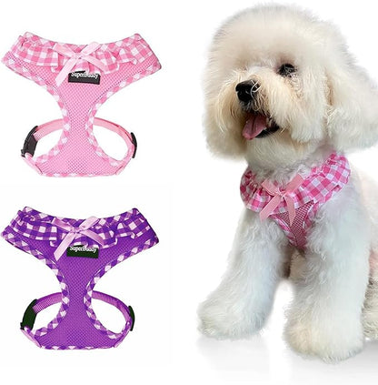SuperBuddy Upgraded Soft Mesh Dog Harness, Super Breathable Lightweight Pet Harnesses for Puppy Dogs Outdoor Walking, Pink and Purple Dog Harness Set Packing -Medium
