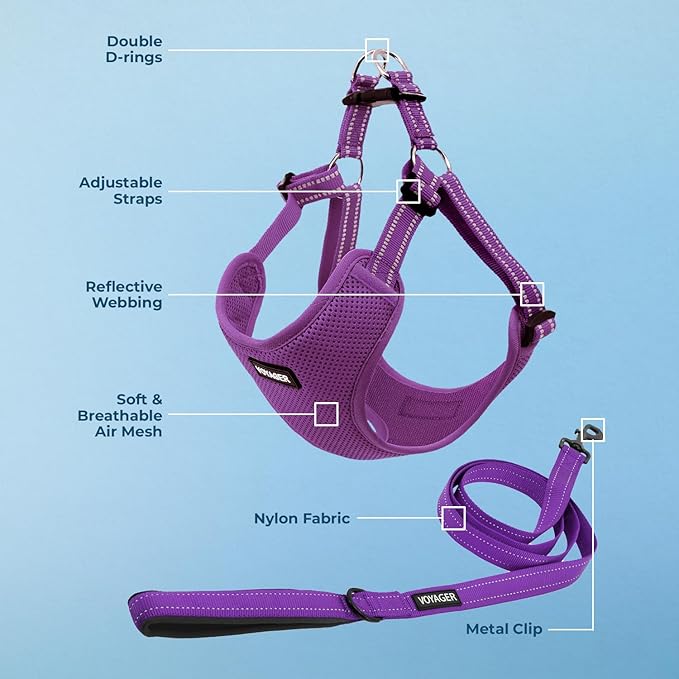 Best Pet Supplies Voyager Mesh Dog Breathable Harness Reflective Stitching, All Weather Adjustable for Walking Training, or Running - Heavy Duty & Durable, Harness Leash Set (Purple), XS