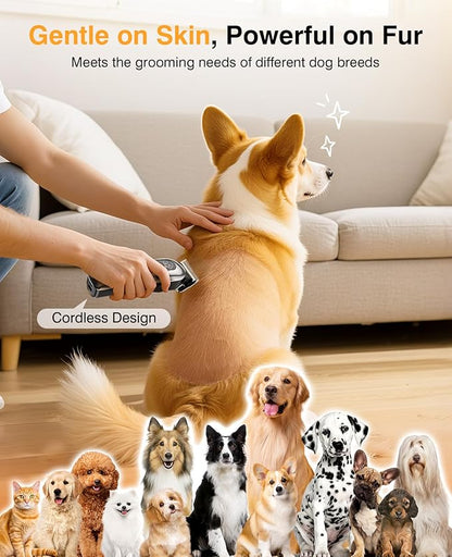Dog Clippers for Grooming, Dog Grooming Kit for Heavy Thick Hair, Low Noise Cordless Pet Hair Trimmer with Stainless Steel Blade, Professional Rechargeable Hair Trimmer for Dogs and Cats M-Silver
