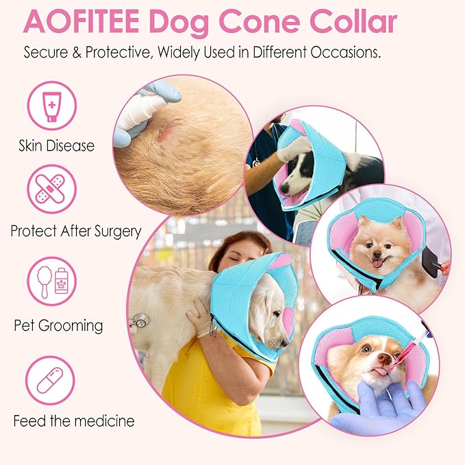 AOFITEE Dog Cone - Soft Dog Cone to Stop Licking, Comfy Cones for Dogs After Surgery, Adjustable Dogs Cones Collar Elizabethan Pet E-Collar for Medium Pets, Pet Recovery Collar, BluePink Medium