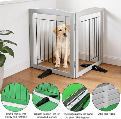 ZJSF Freestanding Dog Fence Indoor, Foldable Dog Gate for Doorways, Stairs or Hallways, Sturdy Wood Extra Wide Pet Gate with Support Feet for The House, Grey, 32 "Height-2 Panels