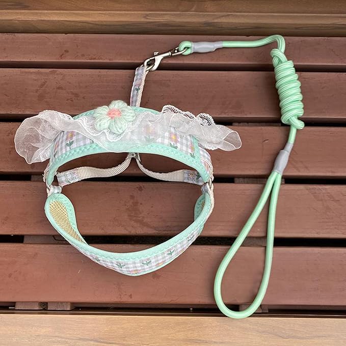 Cat Harness Collar and Leash Set, Sweet Lace Floral Kitten Collar, Escape Proof Puppy Chest Harness, Adjustable Cute Harness Leash Set for Cat Puppy Dog Outdoor Walking (Green, S)