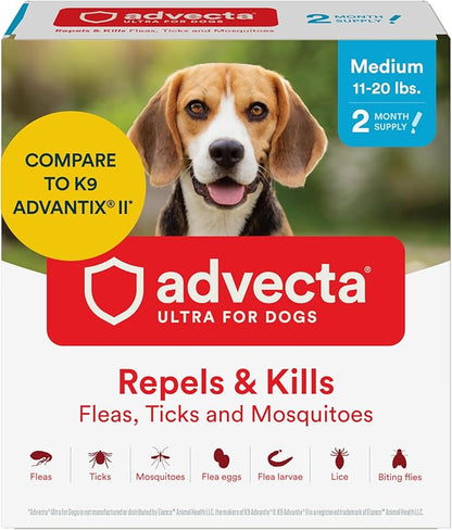 Advecta Ultra Flea and Tick Prevention for Dogs - Medium Dog Flea and Tick Treatment & Control - Mosquito Repellent - Fast Acting Waterproof Topical Drops, 2 Month Supply