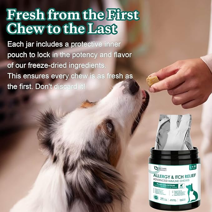 NATURE TARGET Dog Allergy Relief Freeze Dried Chews, with Probiotics, Colostrum for Immune Health, Anti Itch & Seasonal Allergies & Scratching, Omega 3 for Skin & Coat Health, Pawlicking, Hot Spots