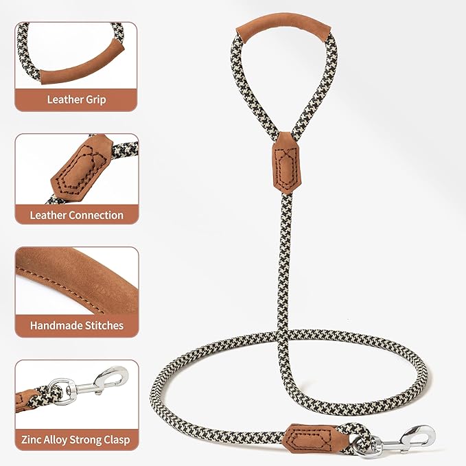 Mile High Life | Premium Leather Handle Dog Leash | Strong Rope Leash | Zinc Alloy Strong Clasp | Small Medium Large Dogs | 4/5/6 Feet(Black Khaki, 72 Inch (Pack of 1))