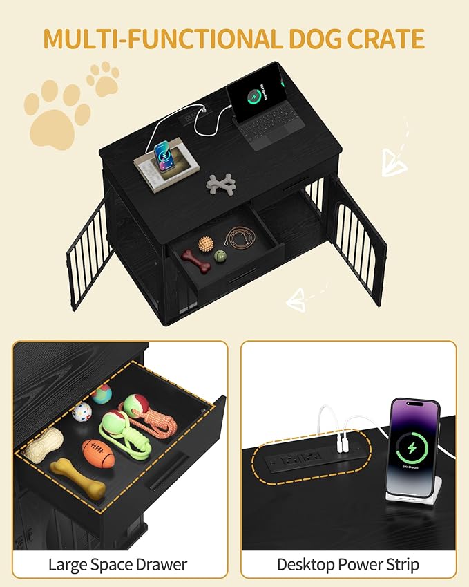 Hzuaneri 39.4'' Large Dog Crate Furniture with 2 Storage Drawers, Heavy Duty Dog Kennel Indoor with Charging Station, Wooden Dog Cage End Table Kennel for Medium/Large Dogs, Black DFC84204B
