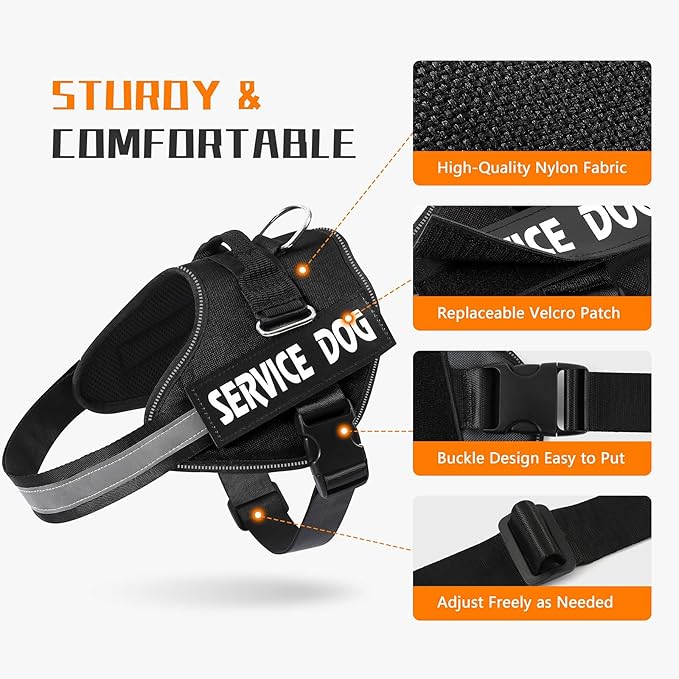 MUMUPET Service Dog Vest Harness, No Pull Reflective Adjustable with Handle, Soft Breathable Padding for Large Dogs, 2 Removable Velcro Patches (Black, L)