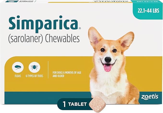 Simparica (sarolaner) Chewables for Dogs, 40 mg/tab, 22.1-44 lbs (Blue), 1 Tablet