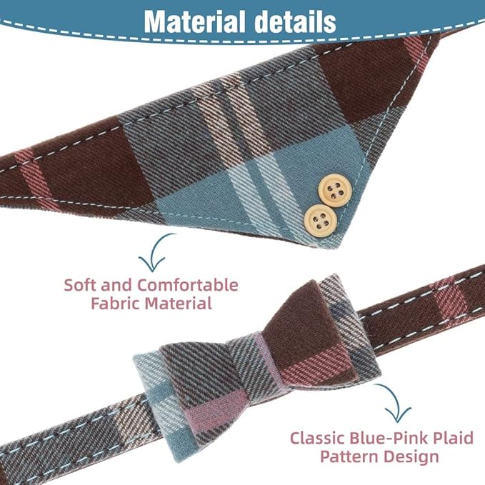 EXPAWLORER Dog Leash and Collar Set - Cute Plaid Dog Bow Tie and Dog Bandana Collar, Dog Leash Tangle Free, Adjustable Collars for Small Medium Large Dogs, Holiday Ideal Gift, Blue M