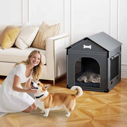 Large Dog House Indoor with Plush Cushion, Dog Kennel for Inside with Sturdy Frame, Waterproof Pet House Suitable for Small Medium Dogs, 27x21x27in, Gray