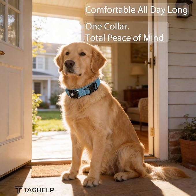 Tactical Dog Collar, Adjustable Military Training Nylon Dog Collar with Control Handle and Heavy Metal Buckle for Medium and Large Dogs, with Smart ID tag and Airtags Case (Blue,M)