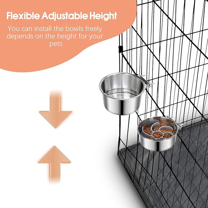 2 Pcs Large Pet Dog Food Water Bowl with Slow Feeder Insert for Cage, Crate Stainless Steel Non-Spill Kennel Hanging Cat Bowls with Clamp Holder for Medium Large Dogs (7.1x3.5'' & 6.3x2.6'')