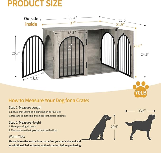 Hzuaneri 39.4" Wooden Dog Crate Furniture, Indoor Dog Kennel Dogs Cage for Small/Medium/Large Dogs, Heavy Duty Dog Crates Decorative Pet House End Side Table TV Stand, Greige Black DFC84105B