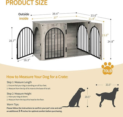 Hzuaneri 39.4" Wooden Dog Crate Furniture, Indoor Dog Kennel Dogs Cage for Small/Medium/Large Dogs, Heavy Duty Dog Crates Decorative Pet House End Side Table TV Stand, Greige Black DFC84105B