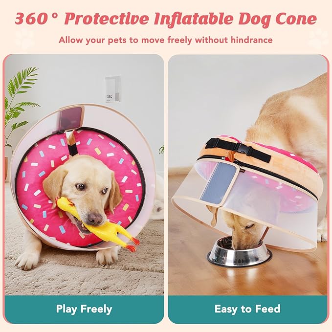 Inflatable Dog Cone with Anti-Licking Clear Shield, Protective Dog Donut Collar After Surgery, Adjustable Soft Recovery Cone for Pets, Alternative Collar with Buckle Strap (Pink, S)