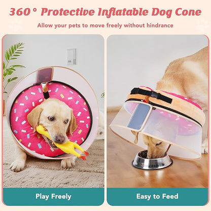 Inflatable Dog Cone with Anti-Licking Clear Shield, Protective Dog Donut Collar After Surgery, Adjustable Soft Recovery Cone for Pets, Alternative Collar with Buckle Strap (Pink, XL)
