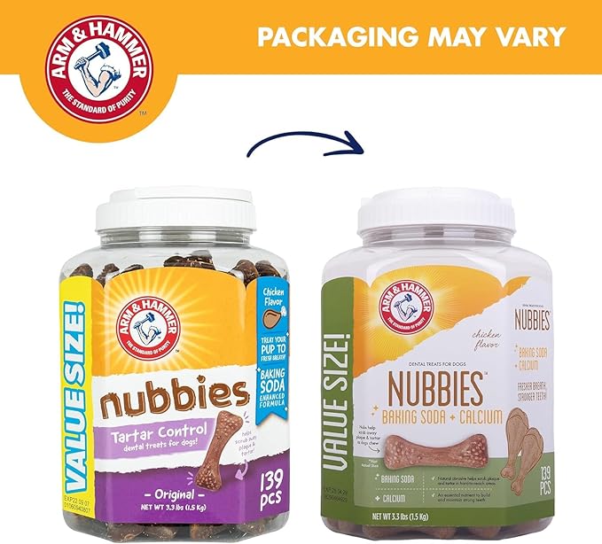 Arm & Hammer for Pets Nubbies Dental Treats Value Size - Baking Soda & Calcium Dog Dental Chews, Helps Scrub Plaque & Tartar While Chewing, Chicken Flavor, 139 Count, 52.8 Oz - 2 Pack