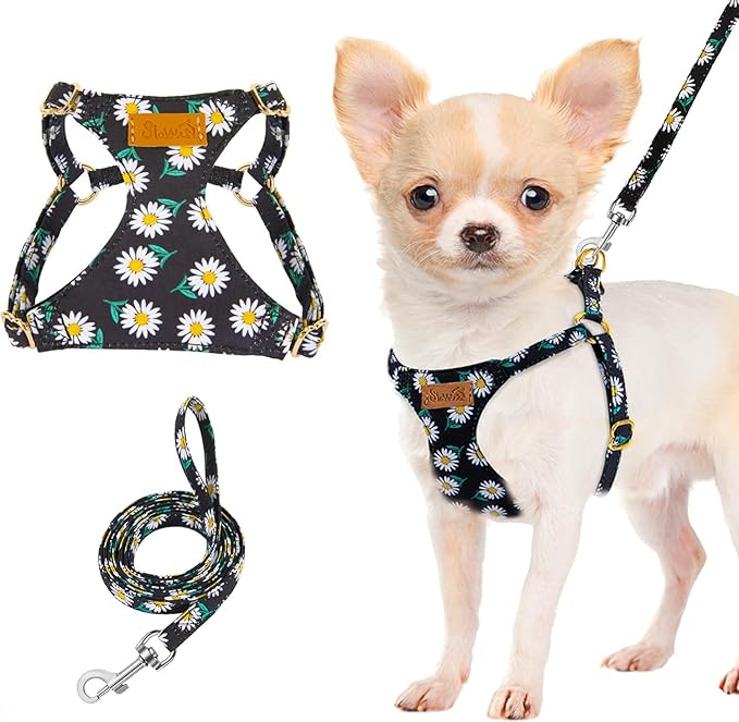 Lukovee Puppy Harness and Leash Set, No Pull Lightweight Soft Suede Adjustable Pet Harness Vest with Snap Buckle for Puppy Small and Medium Size Dog (Black-XS)