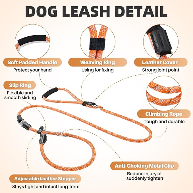 SlowTon Slip Lead Dog Leash, Adjustable 5-7 FT, 1/2” Rope, Heavy Duty Nylon Leashes with Padded Handle & Highly Reflective Threads, No Pull Training Leash for Medium Large Dogs 20-120lb (Orange, L)