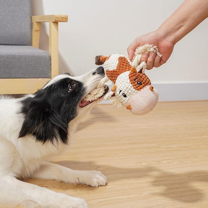 Sedioso Dog Toys, Dog Plush Toy for Large Breed, Cute Squeaky Dog Toys with Crinkle Paper, Dog Chew Toys for Puppy, Small, Middle, Big Dogs (Cow)