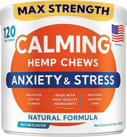 Advanced Calming Chews for Dogs - Hemp Treat + Melatonin + Valerian - Relaxing Bites - Calming Care - Anti-Anxiety & Stress Relief - Made in USA - Calm, Sleep Aid, Storms - 120Ct