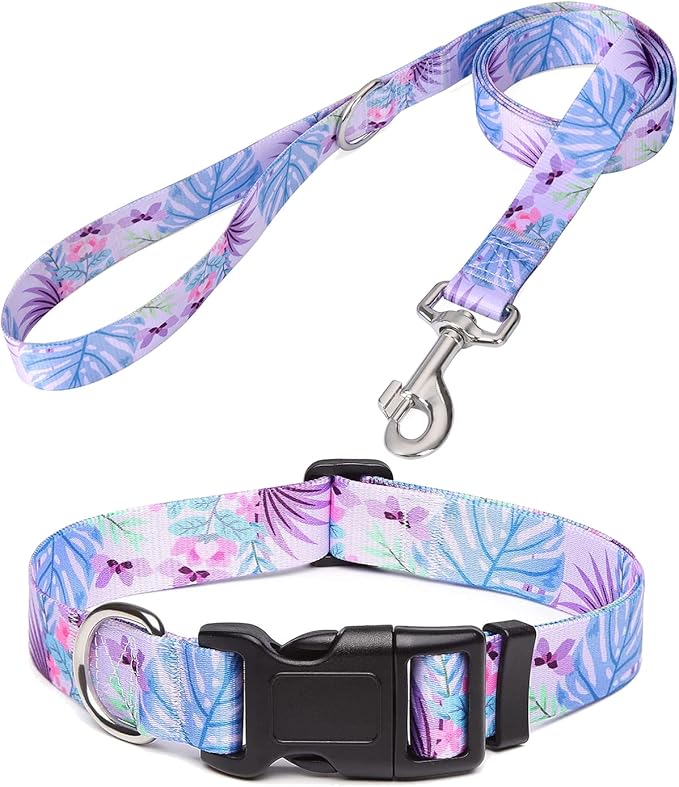 Mihqy Dog Collar and Leash Set with Bohemia Floral Tribal Geometric Patterns - Soft Ethnic Style Collar Adjustable for Small Medium Large Dogs(Purple Flower Flower Set,S)