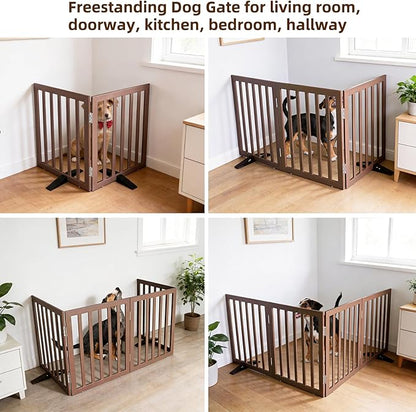ZJSF Freestanding Indoor Dog Gate for House Foldable Wood Puppy Gate for Doorways Pet Gate for Stairs Extra Wide Pet Fence, Brown, 24" Height 2 Panels